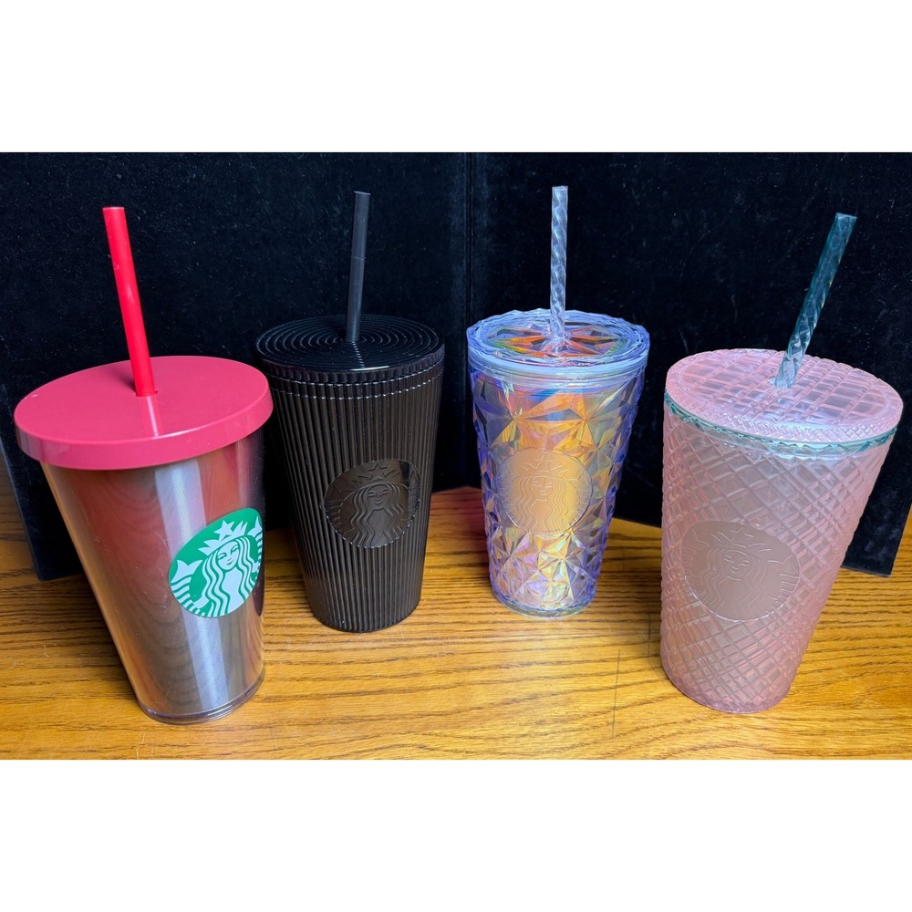 Starbucks 16oz Cold Cup Tumbler Lot of 4-Iridescent Black Pink Prism Grid Grande